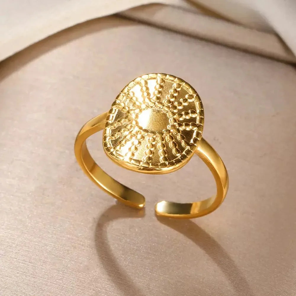 Stainless Steel Oval Sunburst Dot Adjustable Open Ring Gold Plated
