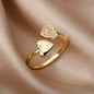 Stainless Steel Pave Rhinestone Double Heart Adjustable Open Ring Gold Plated