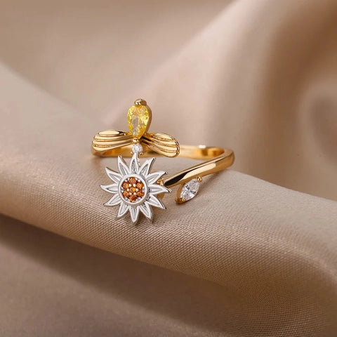 Sunflower Bee Combination Adjustable Open Ring Gold