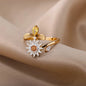 Sunflower Bee Combination Adjustable Open Ring Gold