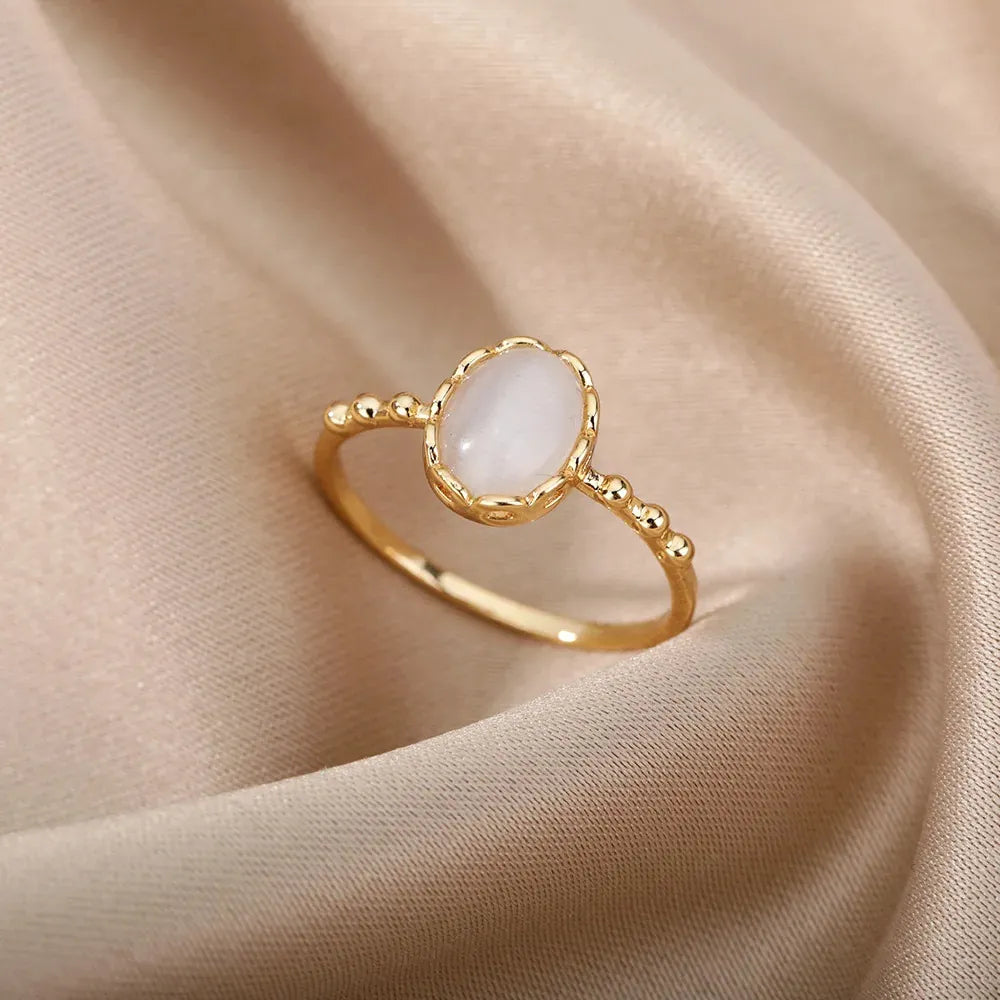 Stainless Steel Oval White Artificial Cat Eye Adjustable Open Ring Gold Plated