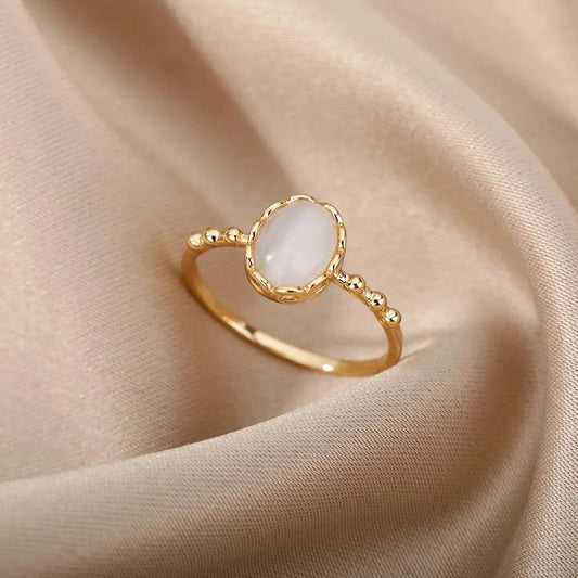 Stainless Steel Oval White Artificial Cat Eye Adjustable Open Ring Gold Plated