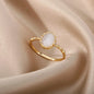 Stainless Steel Oval White Artificial Cat Eye Adjustable Open Ring Gold Plated
