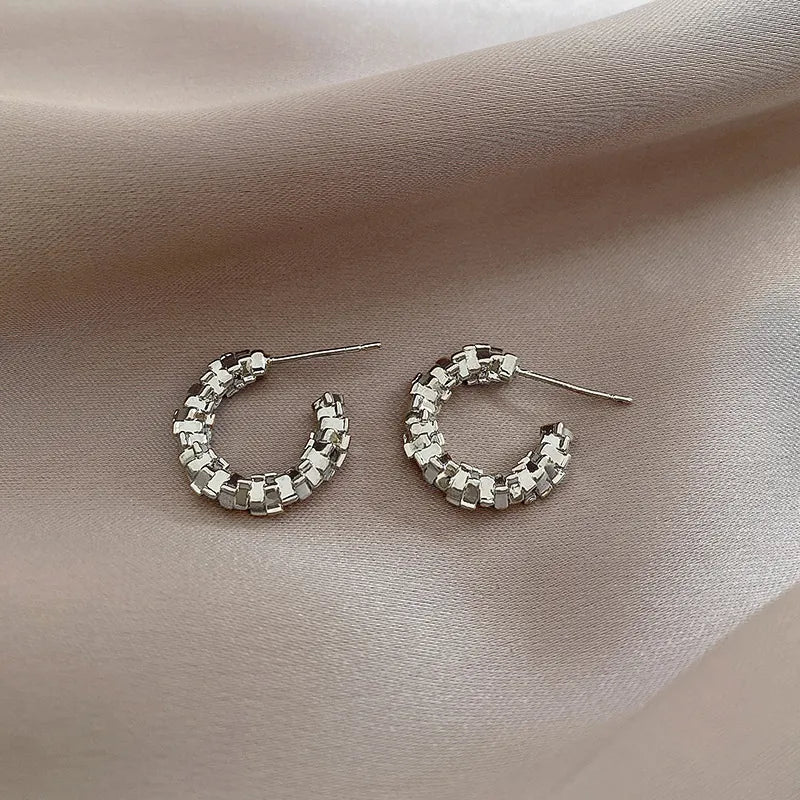 Geometric Metal Textured C-Shape Studs With 925 Sterling Silver Earring Post