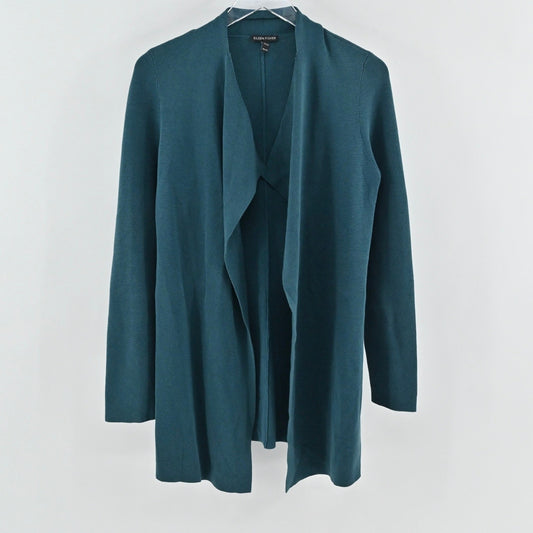 Eileen Fisher Womens Silk Cardigan Size XS Teal Blue Long Open Front Sweater