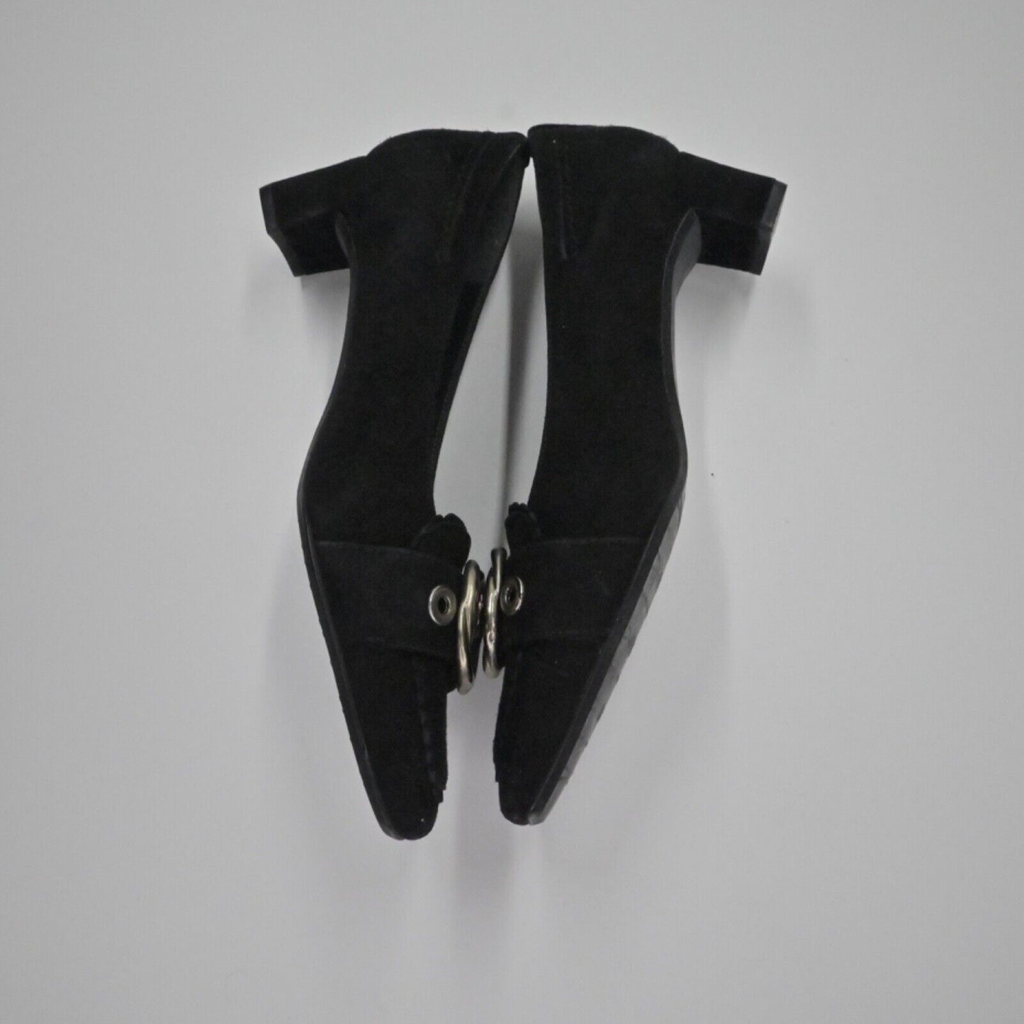 Vtg STUART WEITZMAN Pumps Womens Sz 5.5 Black Suede Buckle Square Toe Block Heel