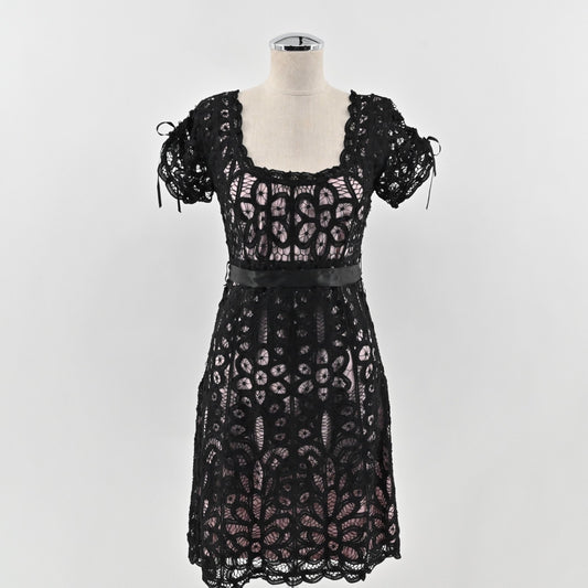 Vtg Black Crochet Lace Dress Size S Fairy Coquette Glam Kroshetta Papillon Y2k