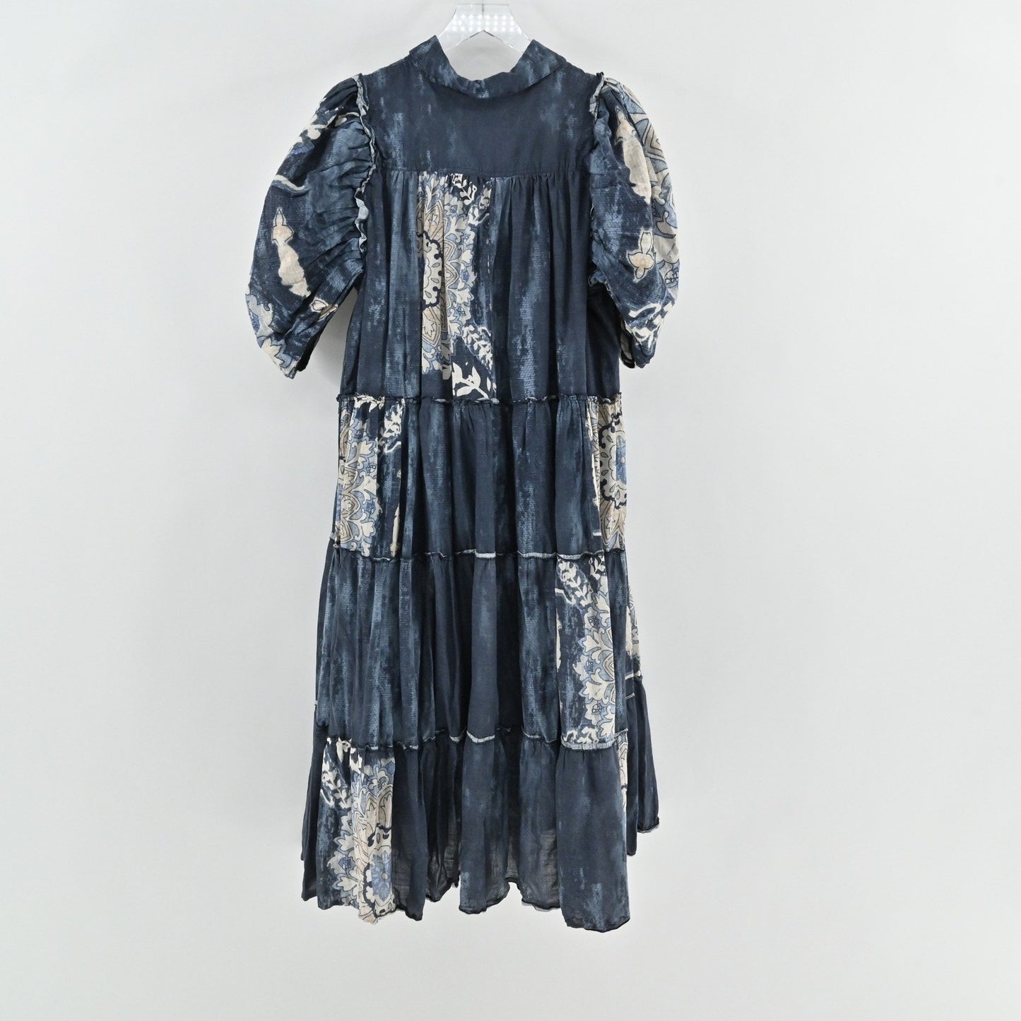 Anthropologie Let Me Be Puff Sleeve Patchwork Shirt Dress Sz XL Tiered Midi Boho