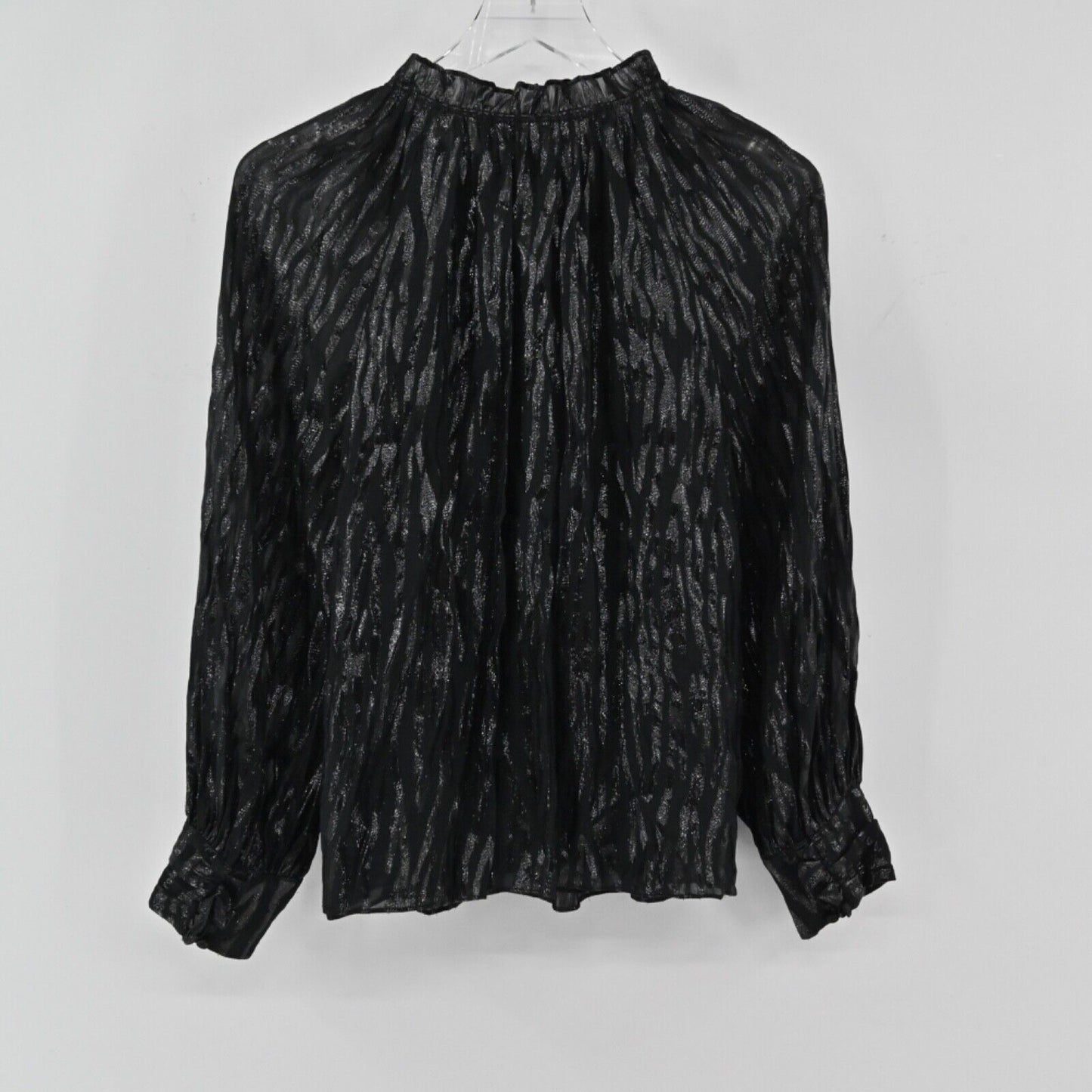REBECCA TAYLOR Top Womens Sz 4 Black Metallic Safari Silk Ruffle Balloon Sleeves