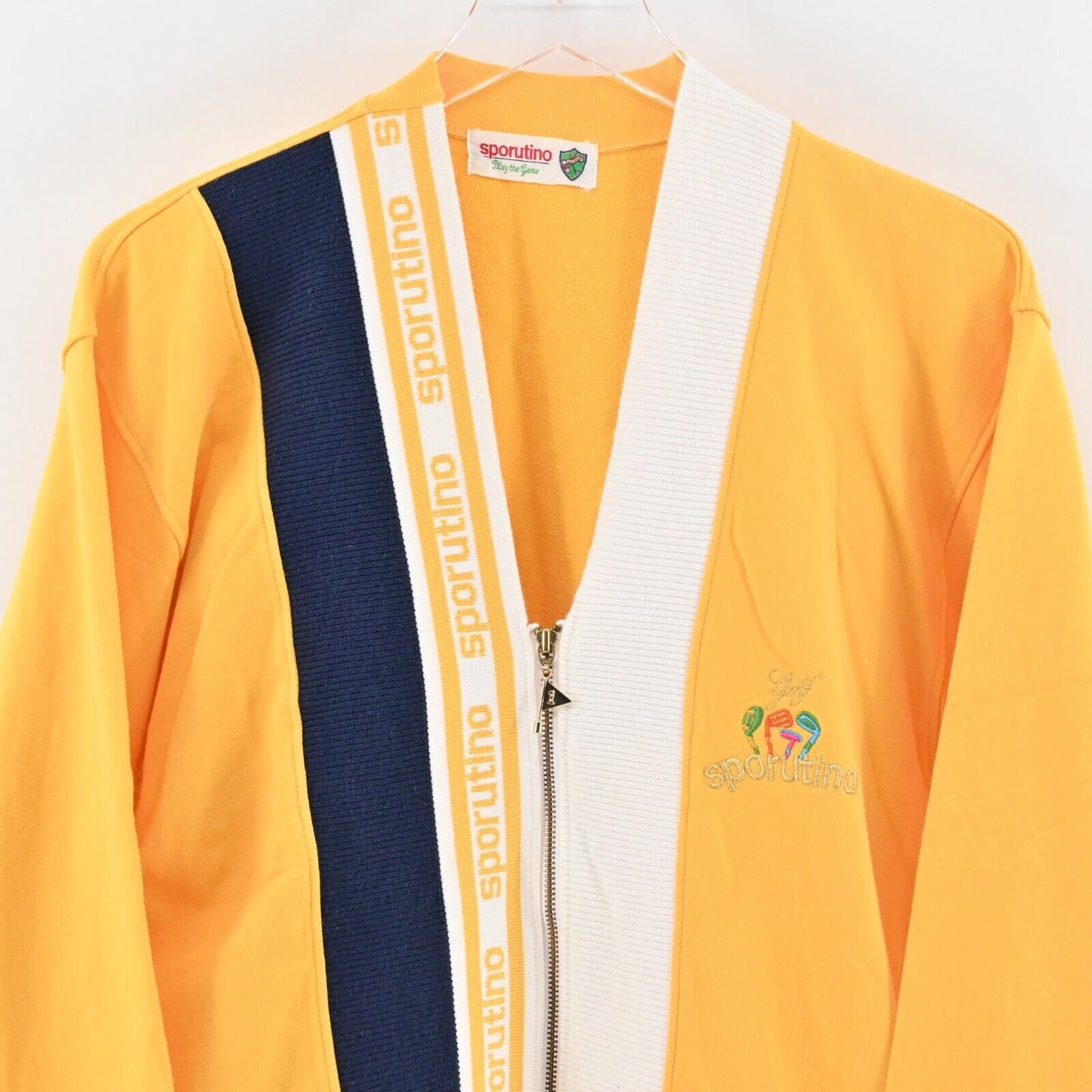 Vtg SPORUTINO Jacket Mens Size M Golf Logo Stripe Zip Yellow Embroidered 70s