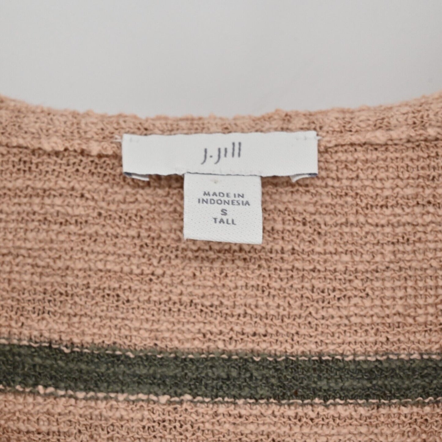 J JILL Sweater Womens Size S Tall Knit Olive Green Tan Stripe Long Sleeve Hoodie