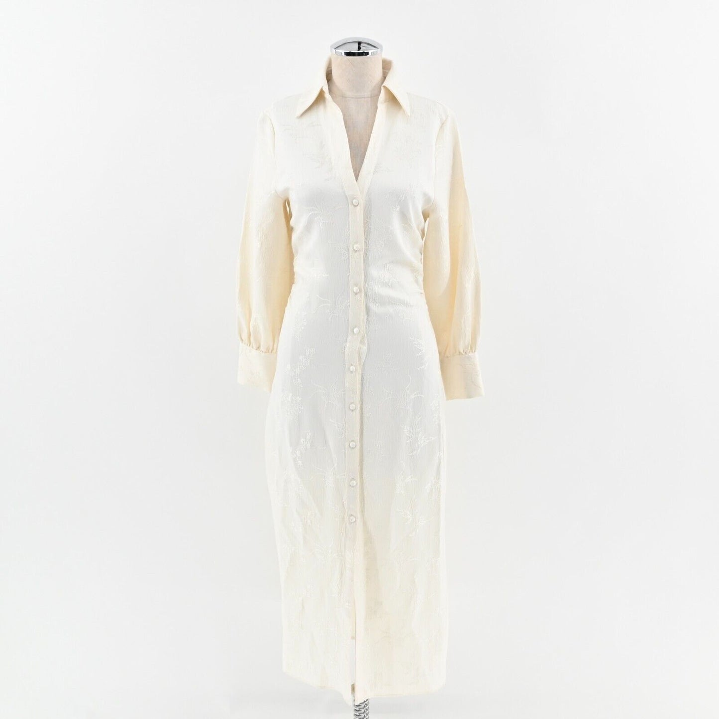 ZARA Dress Size XS Jacquard Ecru Shirt Collar Midi Long Sleeve Ruched Button