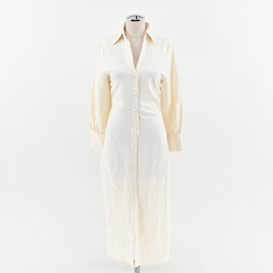 ZARA Dress Size XS Jacquard Ecru Shirt Collar Midi Long Sleeve Ruched Button