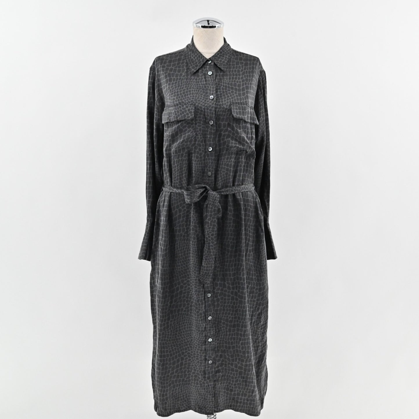 EQUIPMENT Silk Midi Dress Sz S Black Animal Print Button Front Belted Collared