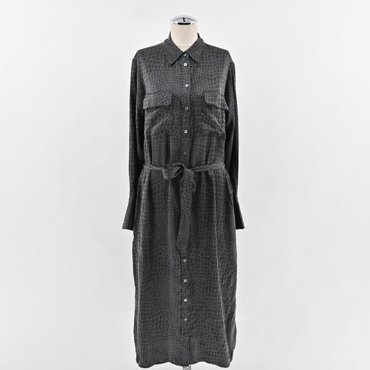 EQUIPMENT Silk Midi Dress Sz S Black Animal Print Button Front Belted Collared