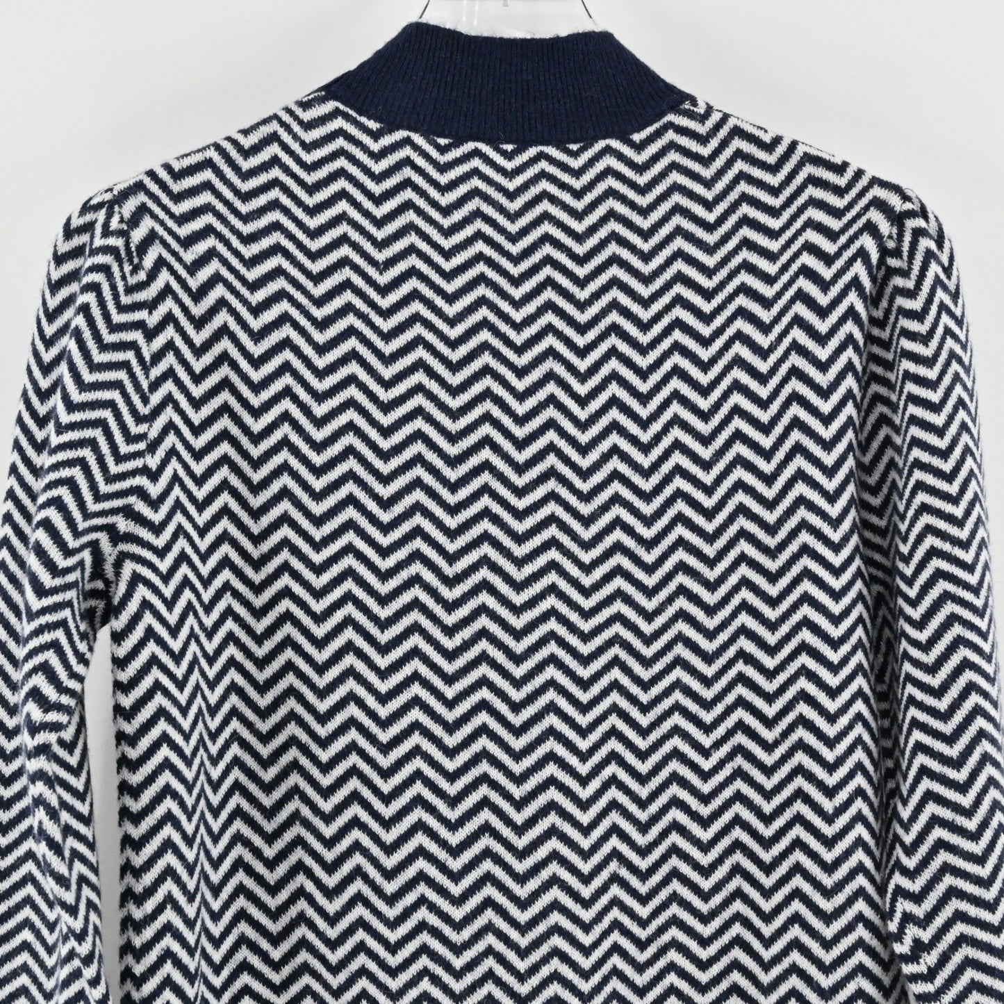 J Crew Womens Chevron Alpaca Sweater Size S Preppy Navy White Mock Neck Button