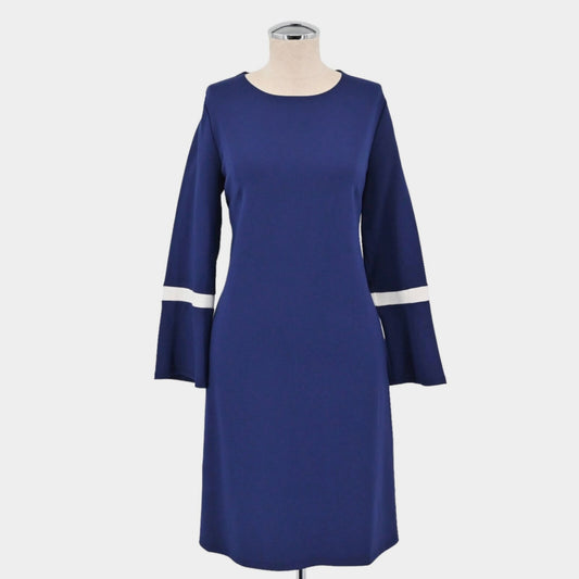 ANNE KLEIN Womens Blue Knit Dress Size M Shift Stripe Bell Sleeve Pockets NEW
