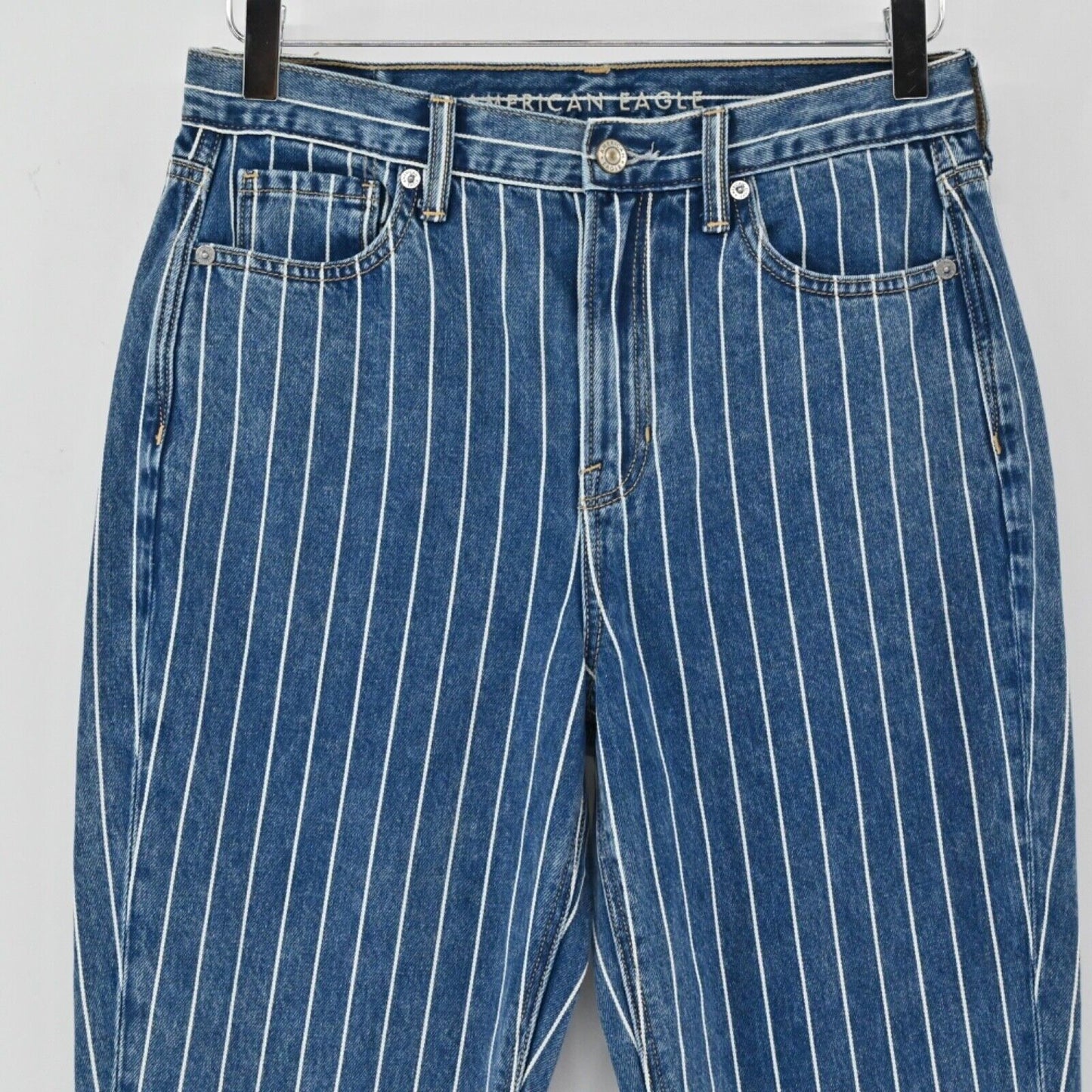 AMERICAN EAGLE Jeans Womens Sz 4 Medium Wash White Pinstripe High Rise Mom NEW