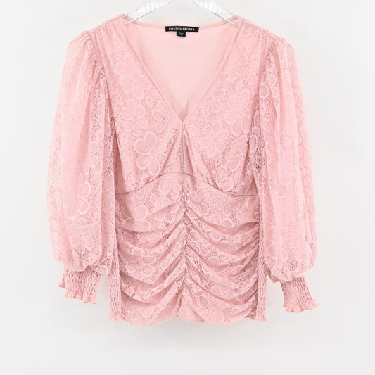 BOSTON PROPER Top Womens Size S Blouse Lace Ruched V Neck Knit Pink Floral