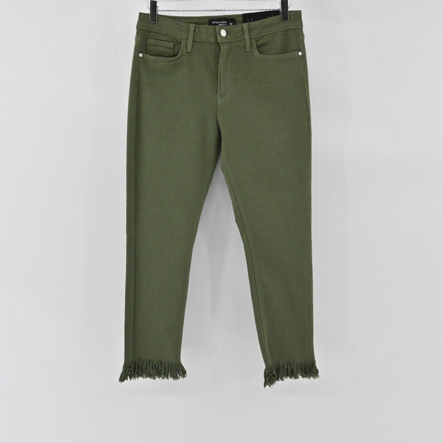 JUST BLACK DENIM Jeans Womens Sz 30 Green Crop Ankle Army Fringe Made in USA NEW