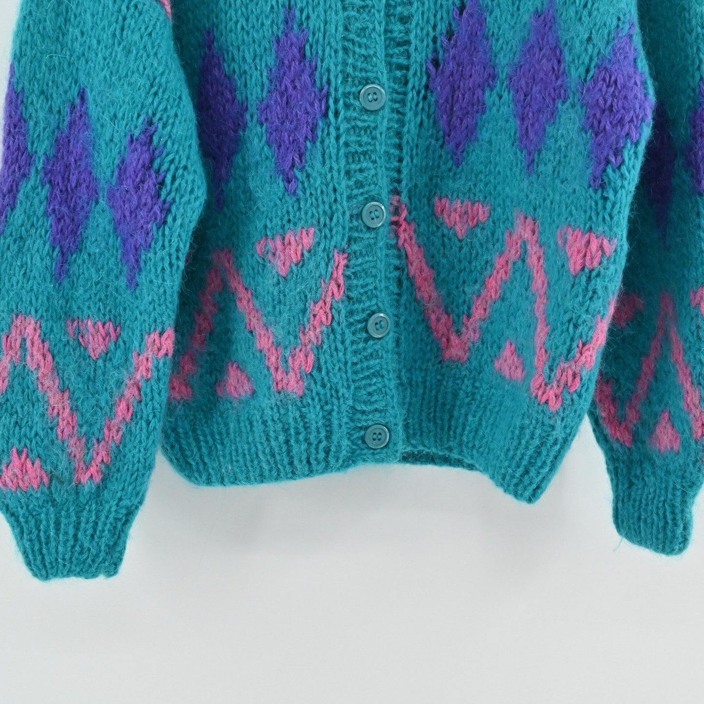 Vtg 80s Womens Mohair Knit Sweater Size L Teal Colorful Diamond Cardigan