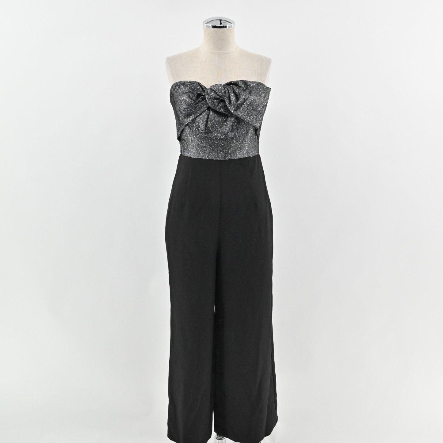 SAM EDELMAN Womens Cady Jumpsuit Size 4 Black Silver Glitter Strapless Bow NEW