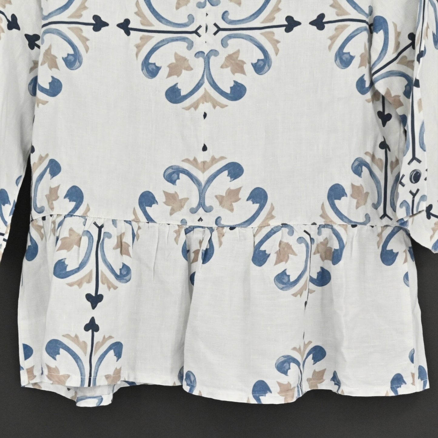 MARIO ROMANO Womens Linen Top Size M Peplum White Blue Boho Italy Breathable