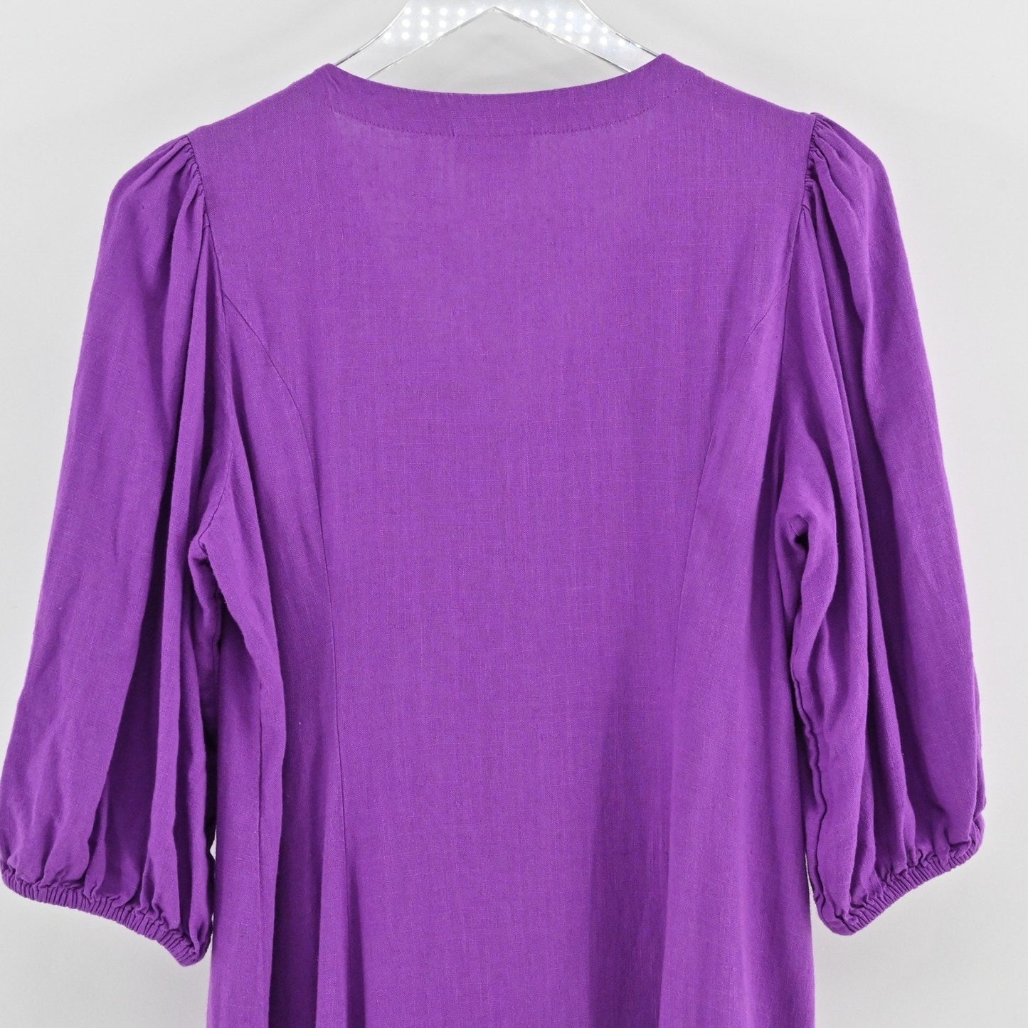 J Jill Linen Midi Dress Size S Purple Puff Sleeve Boho Lagenlook Button Front