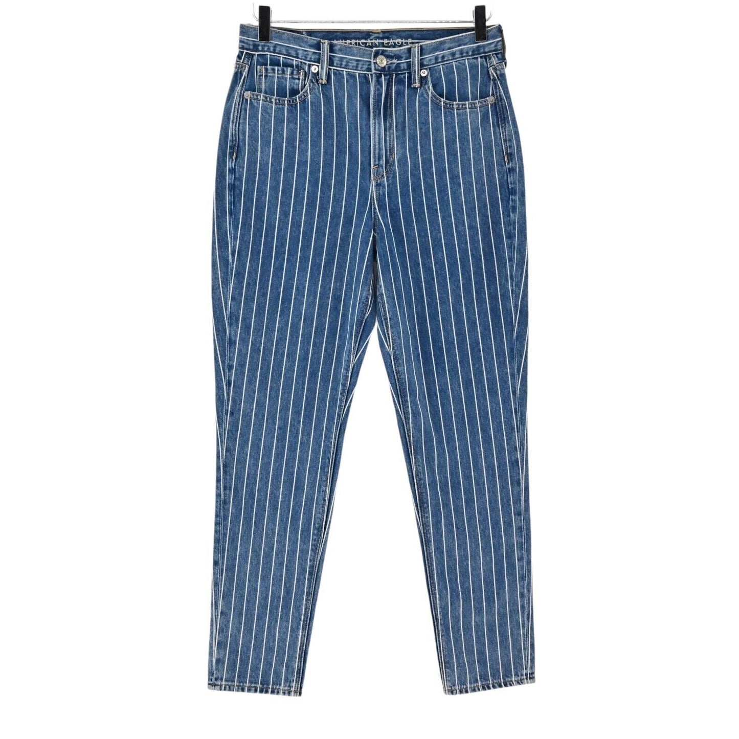 AMERICAN EAGLE Jeans Womens Sz 4 Medium Wash White Pinstripe High Rise Mom NEW