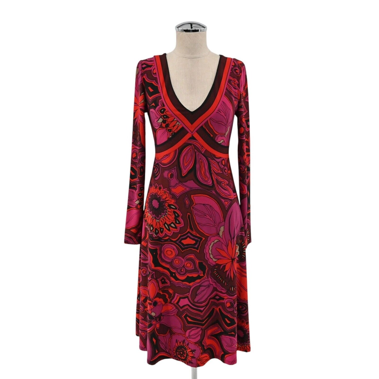 TRINA TURK Dress Size 0 Pink Red Floral V Neck Long Sleeve Paisley Valentines