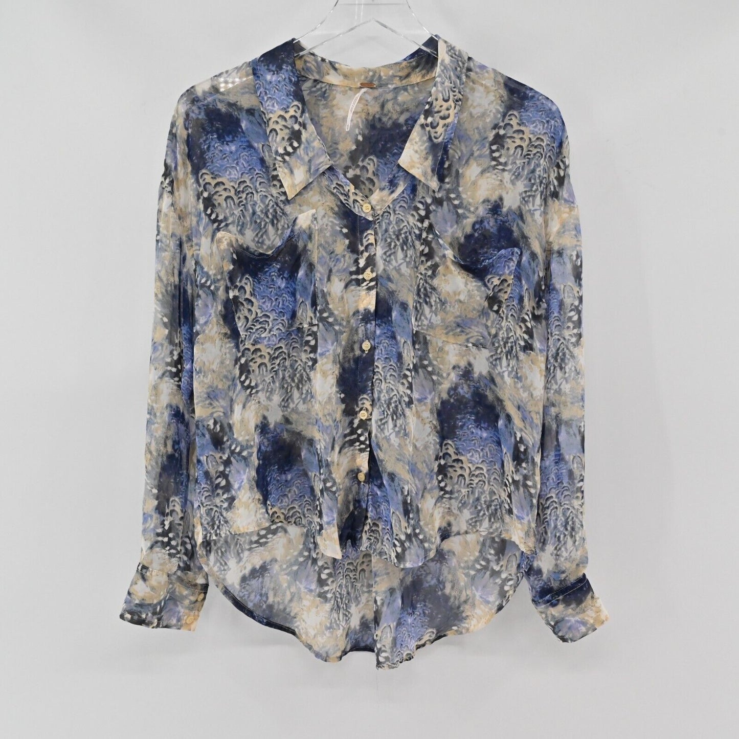 FREE PEOPLE Top Womens Sz XS Easy Rider Long Sleeve Abstract Print Sheer Blouse