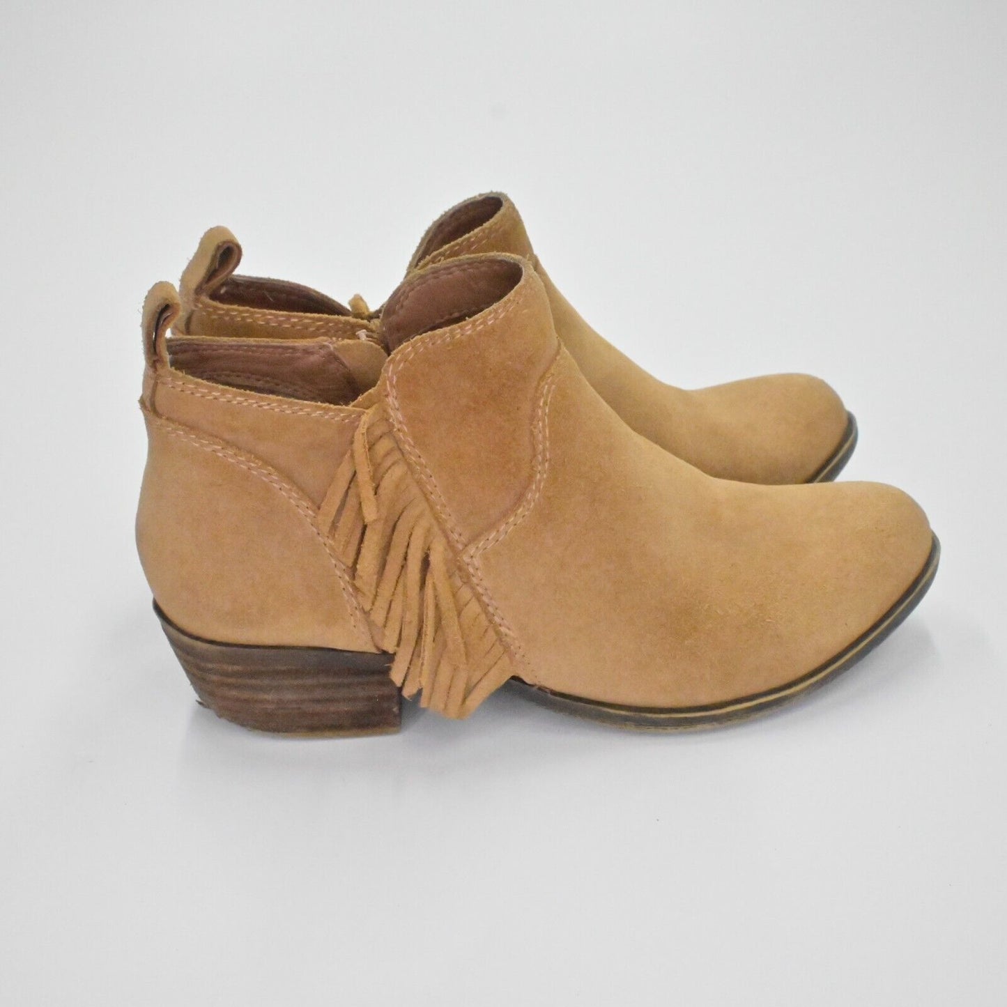 LUCKY BRAND Booties Womens Sz 6.5 Banji Ankle Fringe Stacked Heel Chestnut Brown
