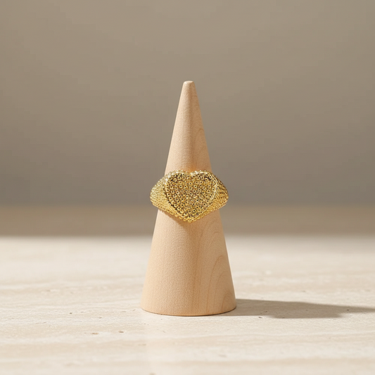 Stainless Steel Relief Beaded Heart Adjustable Open Ring Gold Plated