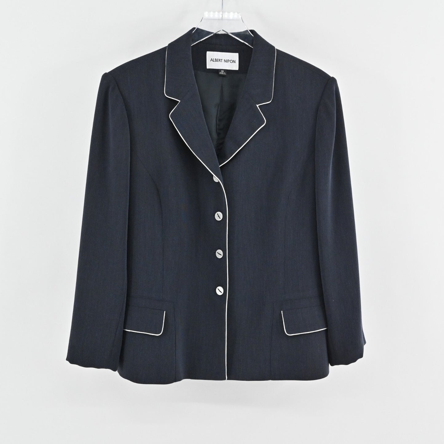 Vtg ALBERT NIPON Skirt Suit Set Womens Size 16 Blazer Pencil Navy White Piping
