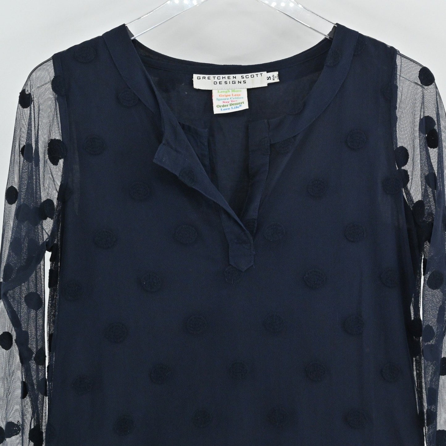 Gretchen Scott Womens Tunic Top Size S Navy Blue Polka Dot Mesh Overlay Delicate