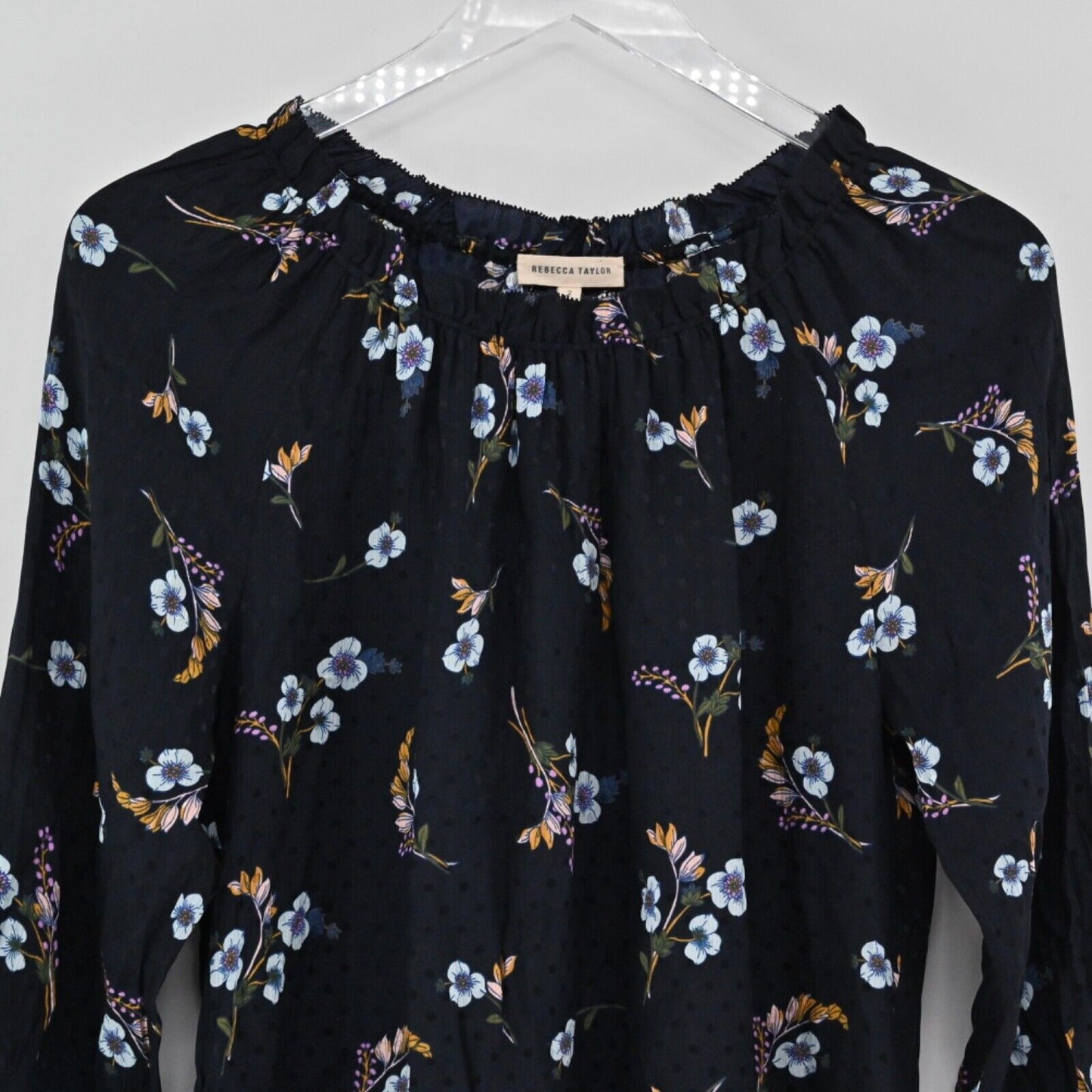REBECCA TAYLOR Top Womens Size 2 Black Floral 100% Silk Natalie Off The Shoulder