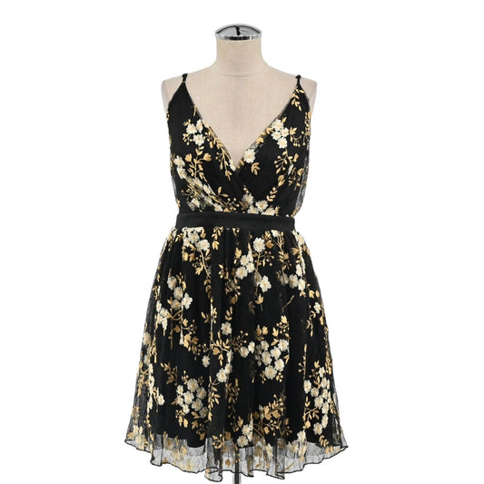 EXPRESS Dress Womens Size 4 Black Gold Embroidered Tulle Floral Fit Flare Mini