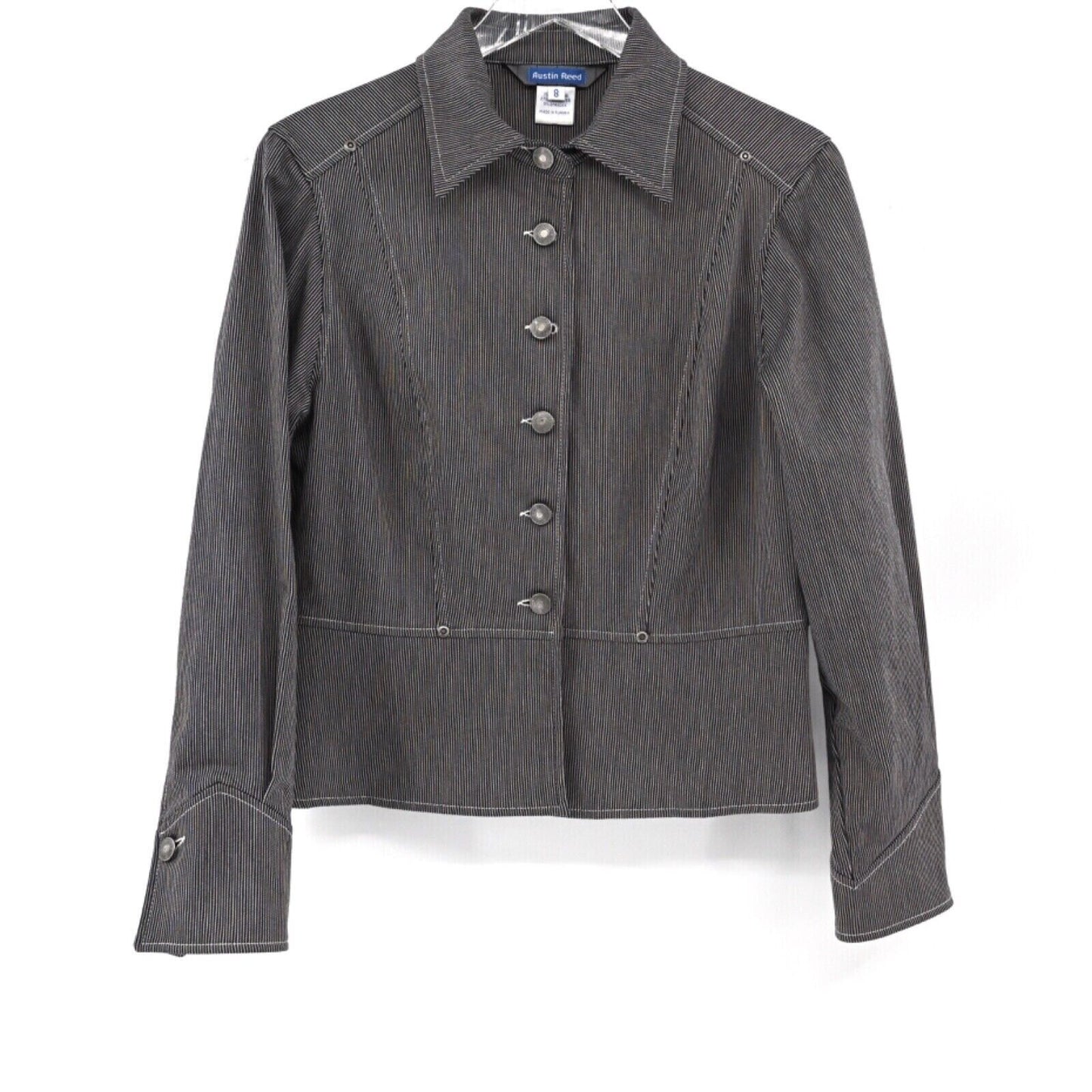 AUSTIN REED Jacket Womens Size 8 Canvas Black White Pinstripe Cotton Blend Retro