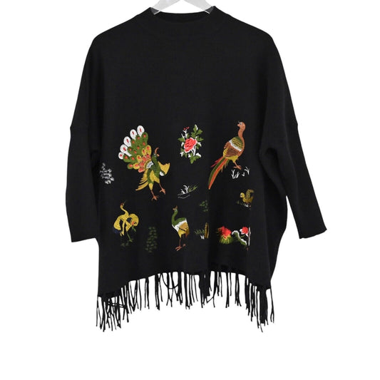 KEYINGYI Sweater Womens One Size Bird Motif Embroidered Cashmere Fringe Turkey