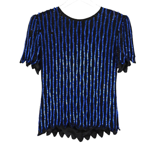 Vtg STENAY Top Womens Sz M Black Blue Sequin Beaded Stripe Silk Short Sleeve 80s