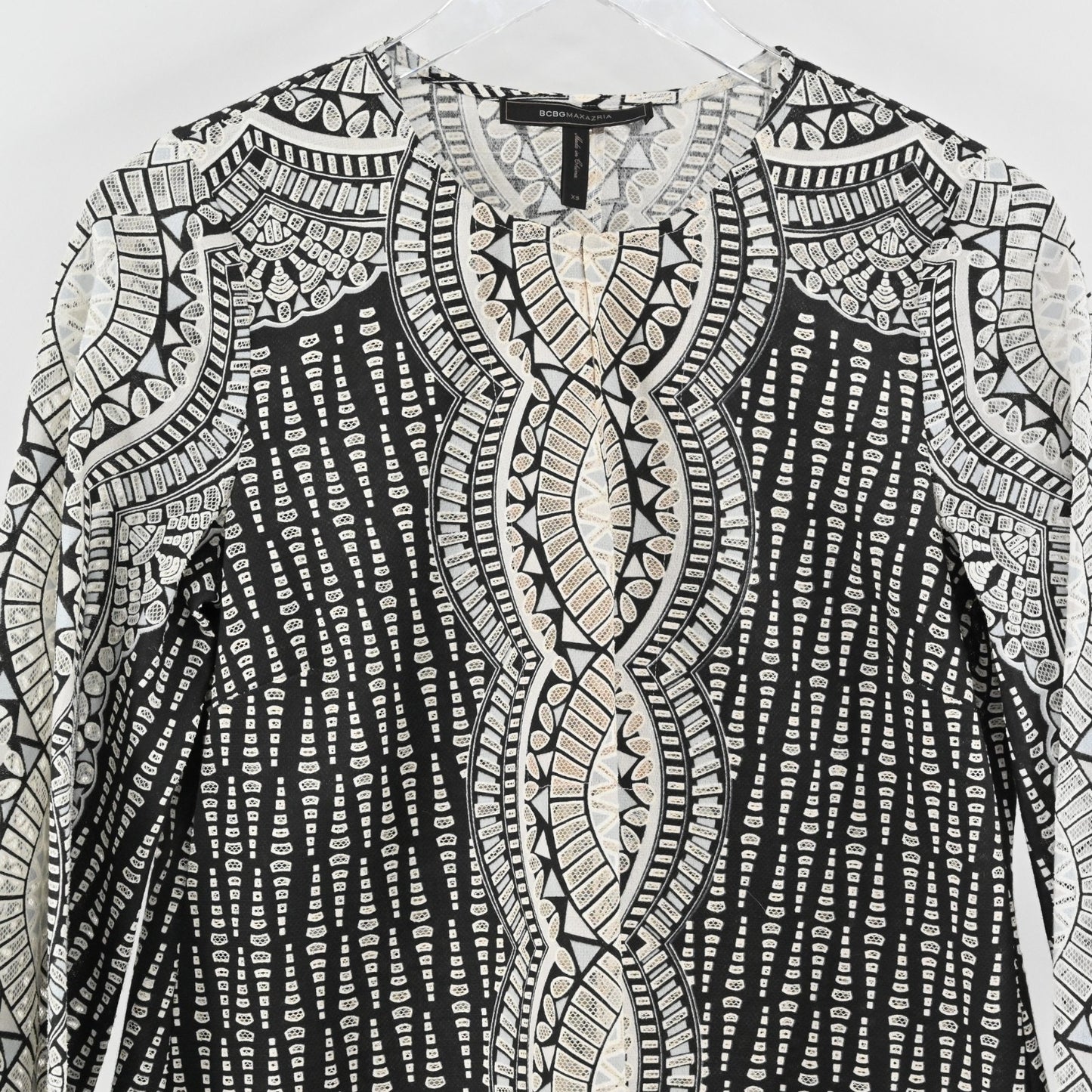 BCBGMaxAzria Womens Kyndal Top Size XS Black Beige Print Long Sleeve Blouse