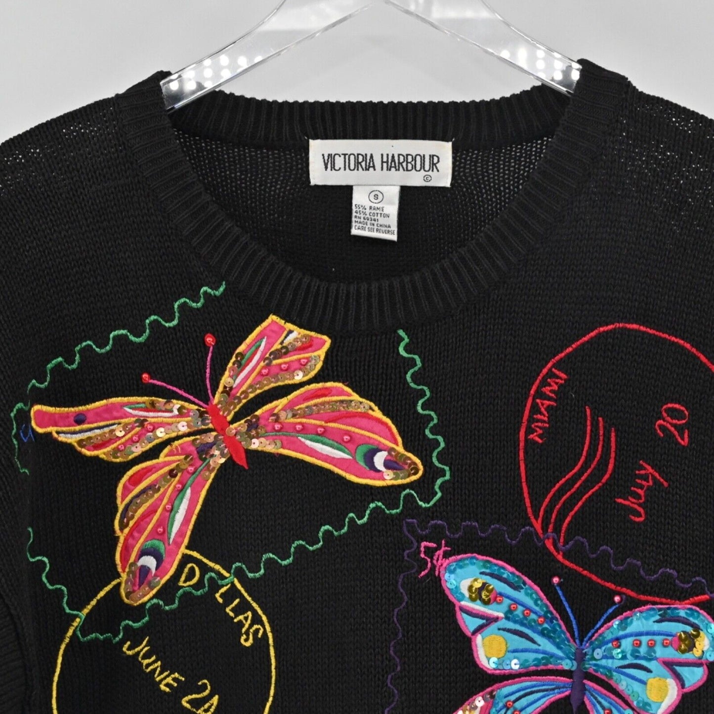 Vtg VICTORIA HARBOUR Sweater Womens Sz S Black Embroidered Butterfly Stamps 90s