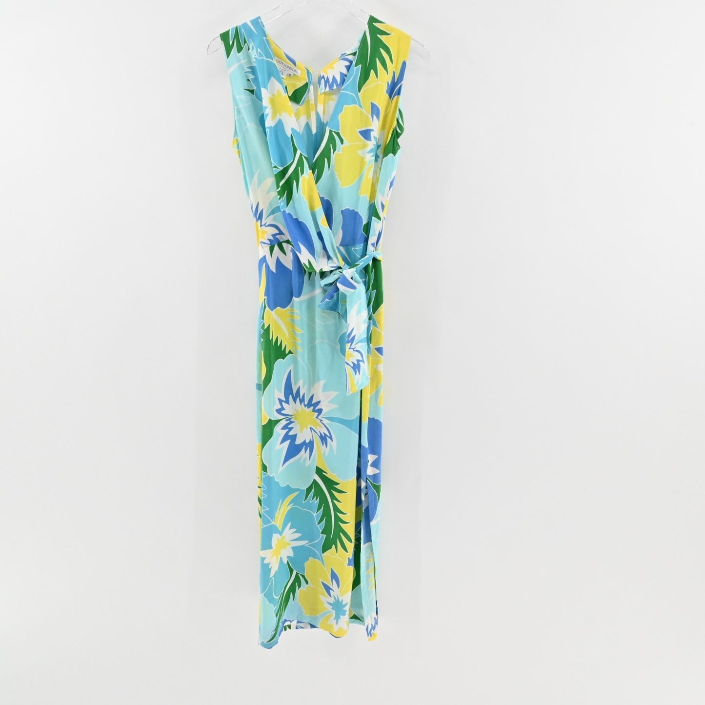 Vtg Maggy London Silk Maxi Dress Size 10 Floral Tropical Print Blue Sleeveless