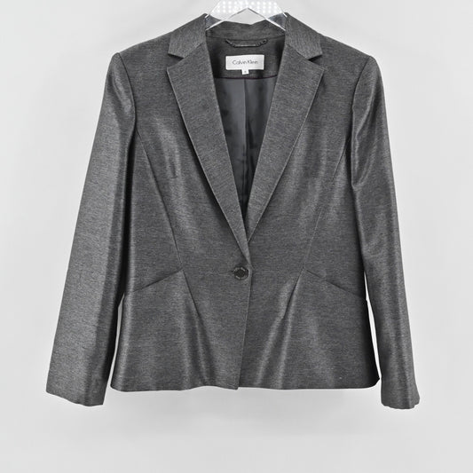 Calvin Klein Womens Twill Blazer Sz 6 Gray Pockets Minimalist Office Career Chic