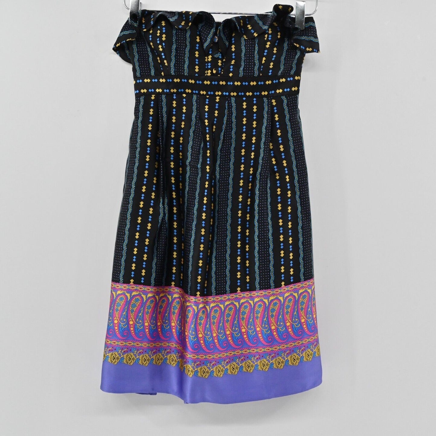 Vtg BETSEY JOHNSON Dress Womens Sz 4 Silk Y2K Strapless Multicolor Print Ruffle