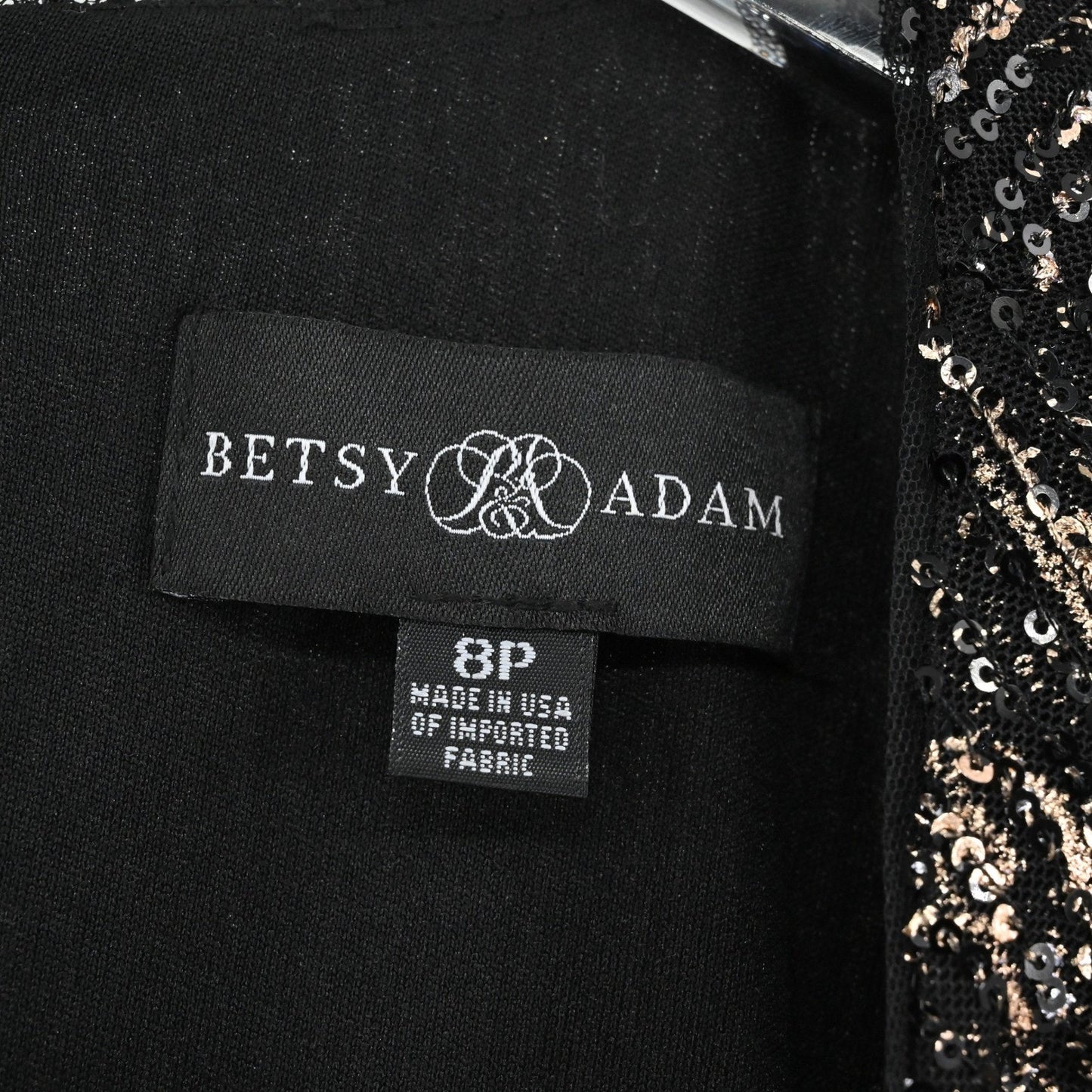 Betsy Adam Sequin Dress Size 8P Black Gold Bell Sleeve Mod Twee Retro Cocktail