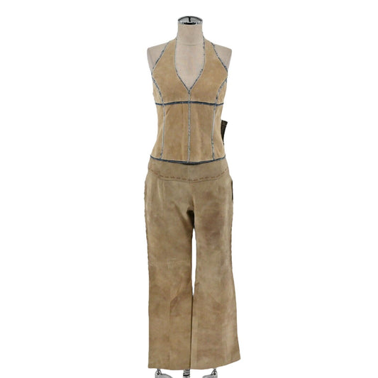 Vtg WILSONS LEATHER Set Womens Sz 6 Brown Suede Denim Halter Top Flare Pants 00s