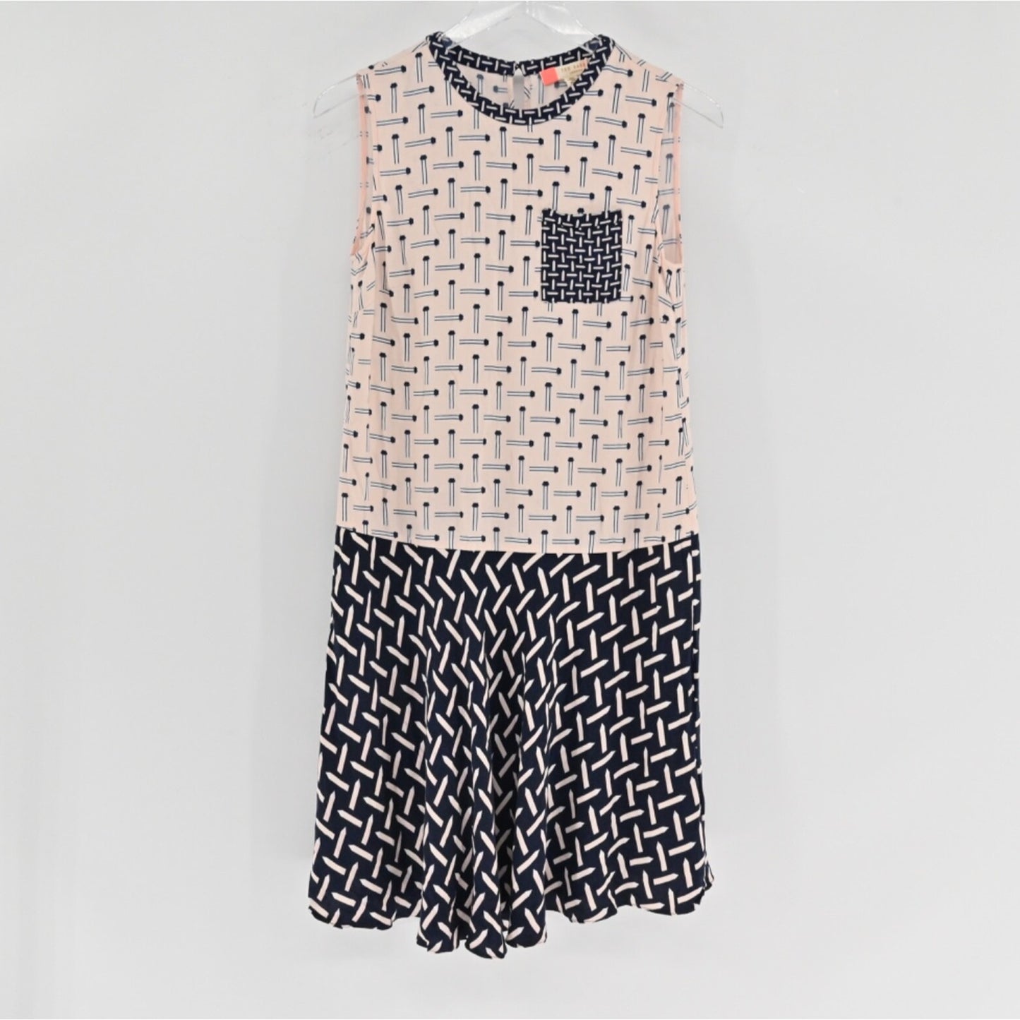 TED BAKER Womens Pencil Print Shift Dress Sz 4 Pink Blue Sleeveless Art Teacher