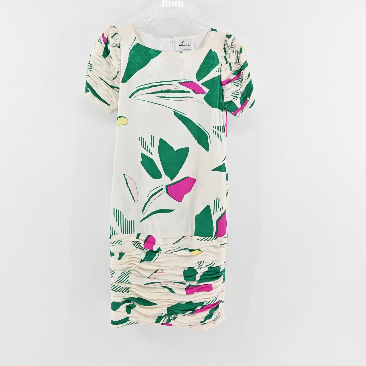 Vtg Cocktail Dress Sz L White Floral Silk Puff Sleeve Ruched Square JAYNA 80s