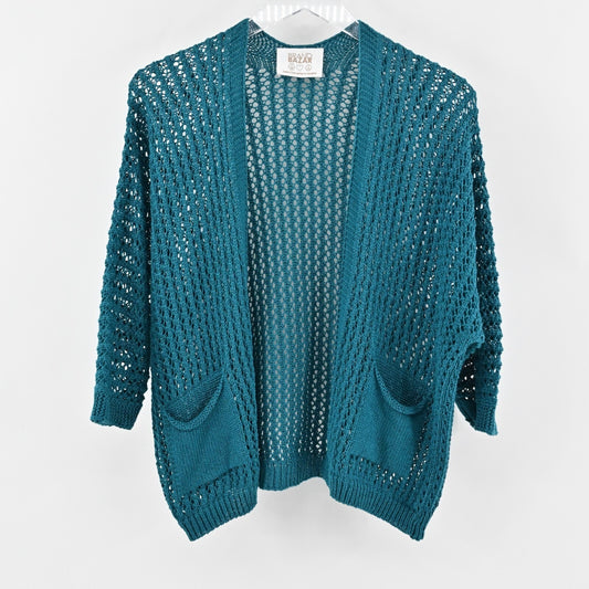 BRAND BAZAR Cardigan Sweater Womens Sz L Crochet Blue Open Knit Quarter Sleeve